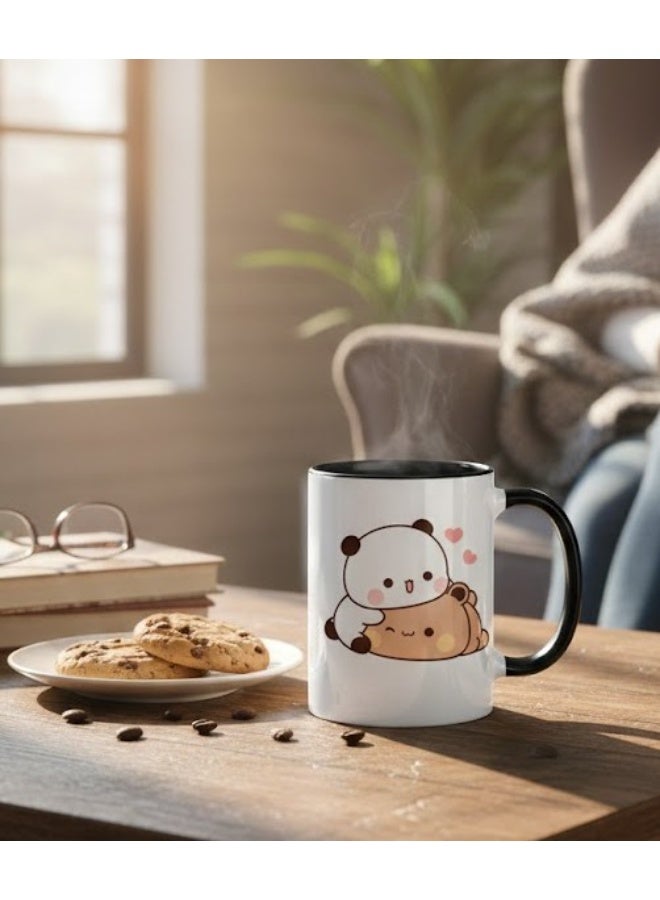 ميلز كوب سيراميك أسود ثنائي اللون بتصميم باندا ودب لطيفين من بوبو ودودو، هدية مثالية للأزواج في عيد الحب والذكرى السنوية - Image 2